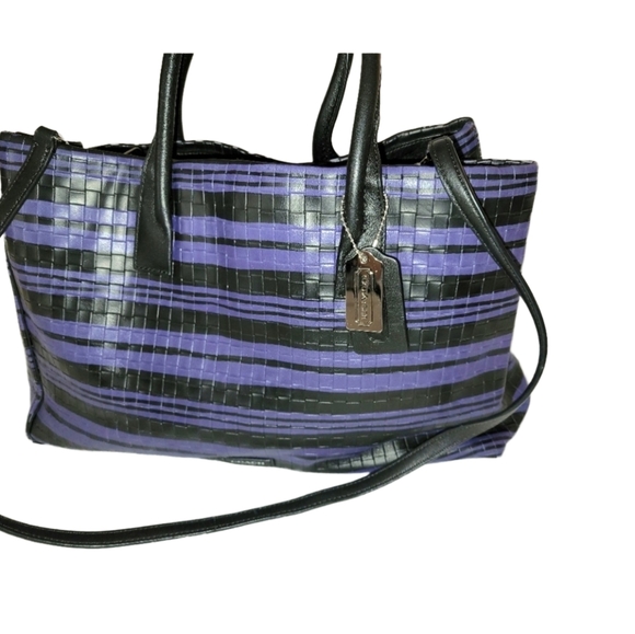 Coach Bleeker Woven Embossed Leather Black and Indigo Blue Shoulder Bag - Picture 1 of 16